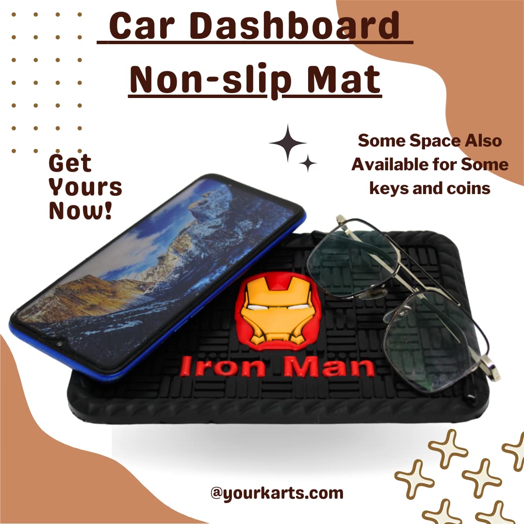 YOURKARTS.COM Secure Grip Non-Slip Car Dashboard Mat – Anti-Skid Pad for Phone, Sunglasses, Keys | Unique Spiritual Decor | car Accessories 2025 (Iron Man)