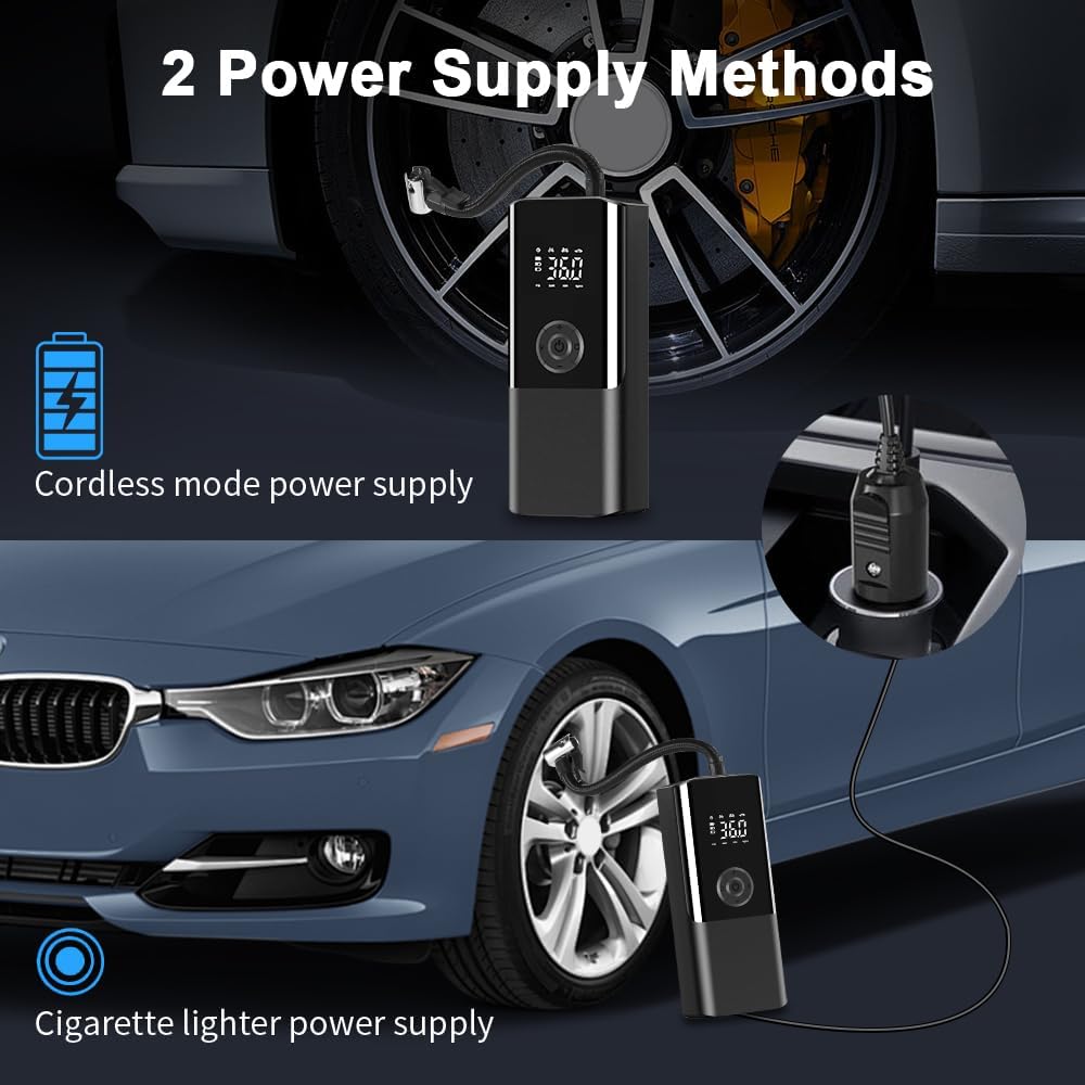 YOURKARTS.COM Tyre inflator Use as Corded & Cordless for Cars & Bikes|150 PSI|4500 MAH Battery|LED Flash Light|Mobile Charger C Port|Digital Display|Multiple Nozzles|Auto Cut|18 Months Warranty