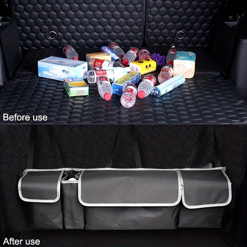 YOURKARTS.COM Car Trunk Organizer with Multiple Storage Pockets, Black, Backseat Hanging Storage Bag, Adjustable Straps, Automotive Interior Organization