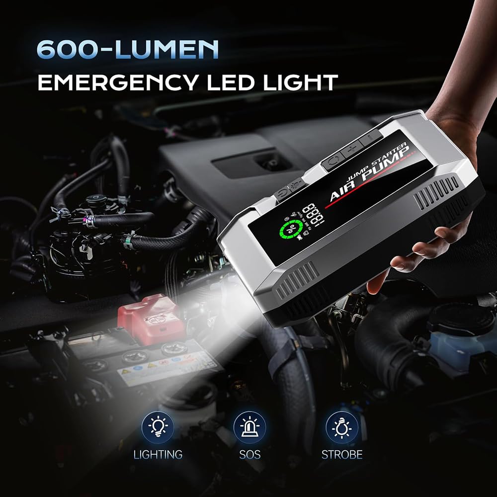 YOURKARTS.COM 2-in-1 Car Jump Starter & Tyre Inflator – 8000mAh, 600A Start/1200A Peak, Dual USB Output, LED Flashlight, Air Compressor (Q-7 2-in-1 Car Jump Starter & Tyre Inflator 600A)