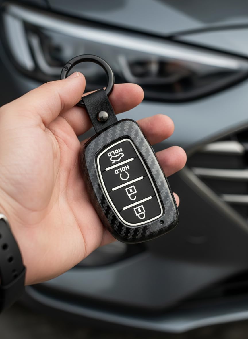 YOURKARTS.COM Car Key Cover Premium Carbon A+ Design Compatible With Hyundai Creta 2024,Creta ev, Alcazar Luxury Waterproof Key Shell & Full Protection 4 Button (Carbon strip)
