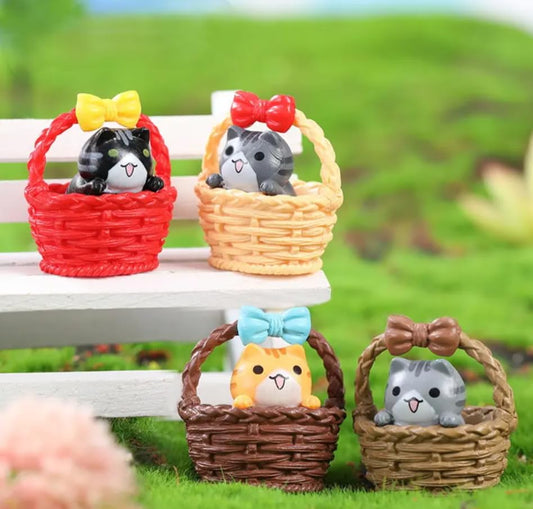 YOUKRARTS.COM Cute Cat Figurines in Decorative Baskets with Bows, Set of 4, Miniature Collectibles