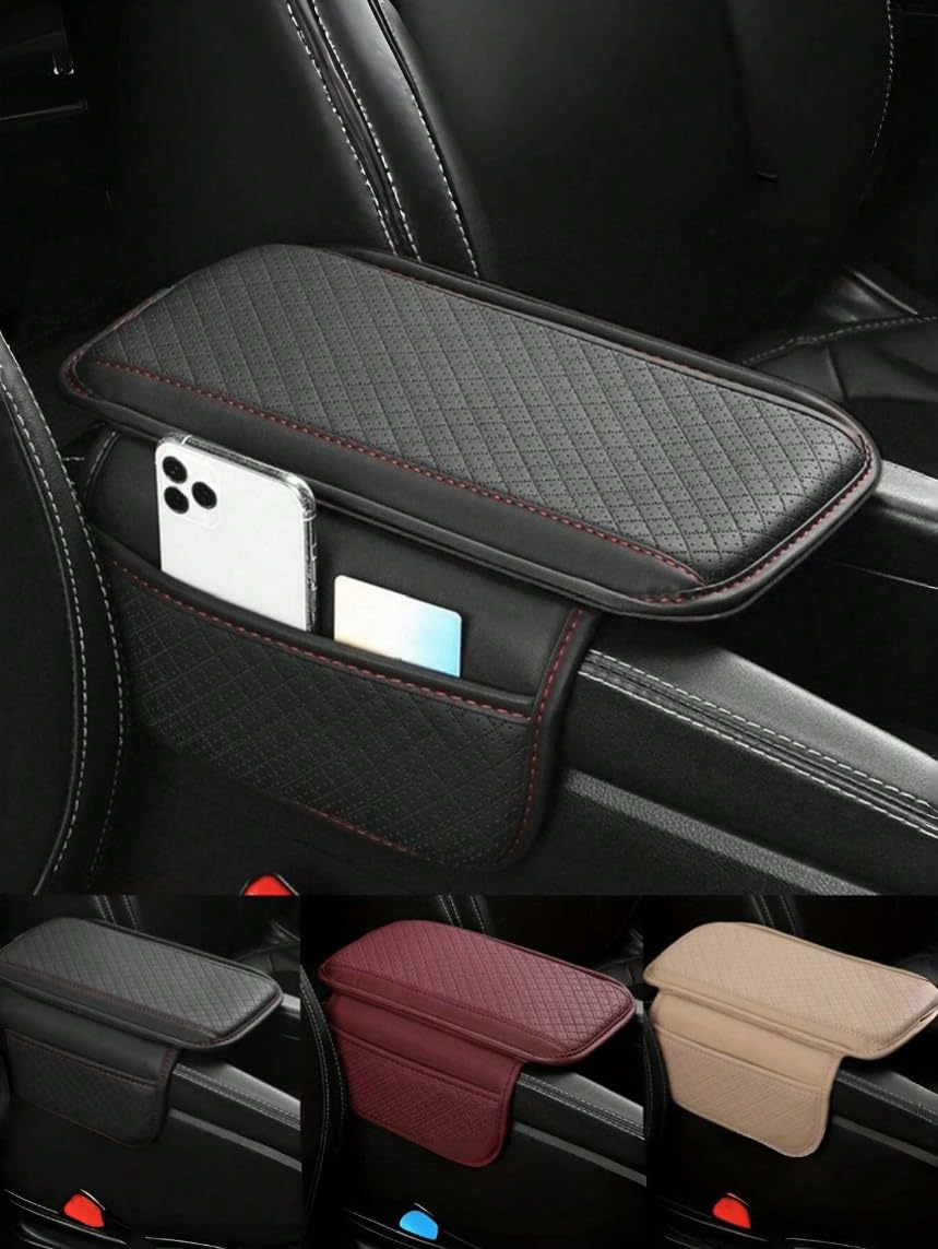 YOURKARTS Center Console Armrest Cover Pad with Side Pockets | Small Size for Hatchbacks & Sedans | Leather Auto Armrest Seat Box Cover