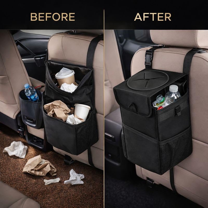 Car Trash Bin Holder Dustbin Foldable, Car Trunk Storage Bag Leakproof with Side Mesh Pockets