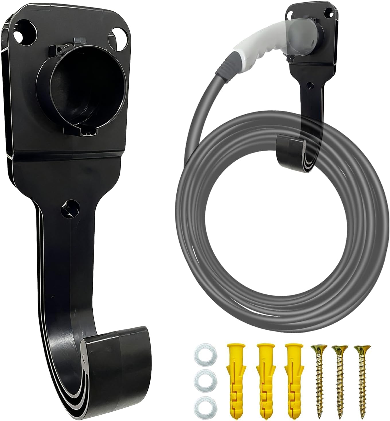EV Charger Holder Wall Mount Kit – Charger Holster Dock & Heavy-Duty J-Hook Cable Organiser | EV Charger Cable Management Box for SAE J1772 Connector (EV Charger Tram Holder Hook)