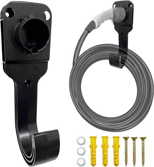 EV Charger Holder Wall Mount Kit – Charger Holster Dock & Heavy-Duty J-Hook Cable Organiser | EV Charger Cable Management Box for SAE J1772 Connector (EV Charger Tram Holder Hook)