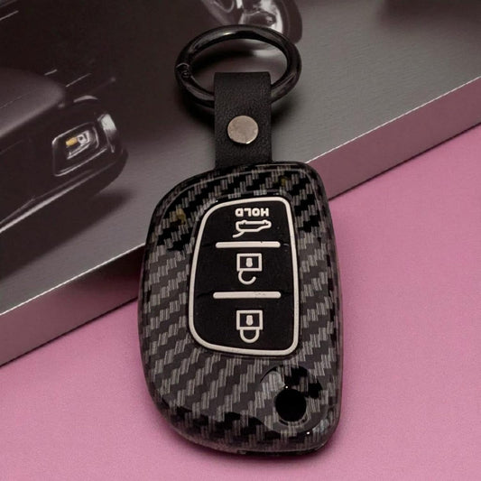 YOURKARTS.COM Car Key Cover Premium Carbon A+ Design – Compatible with Hyundai Grand i10 NIOS, Venue, i20, Aura, Creta 3 Button Smart Key Cover with Keychain Flip Key Shell (Carbon Strip)