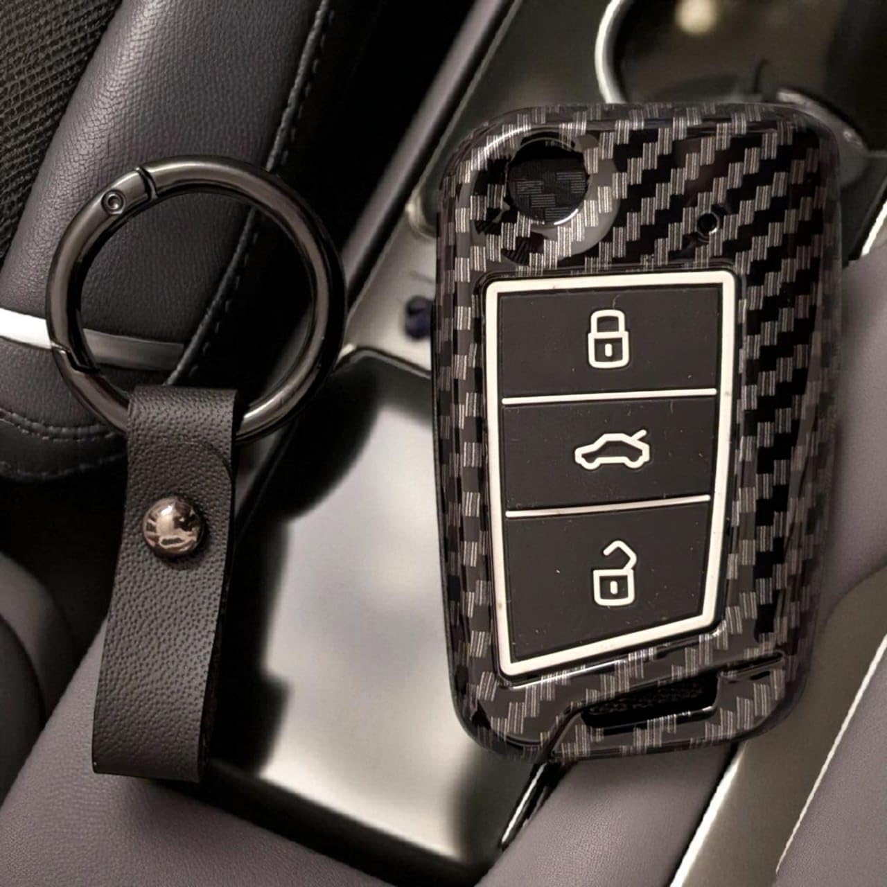 YOURKARTS.COM Car Key Cover Premium Carbon Pro Design – Hard Case Anti-Break Key Shell Compatible with VW Car Keys | Sporty Look Smart Key Protector | car Accessories 2025 (Carbon Strip)