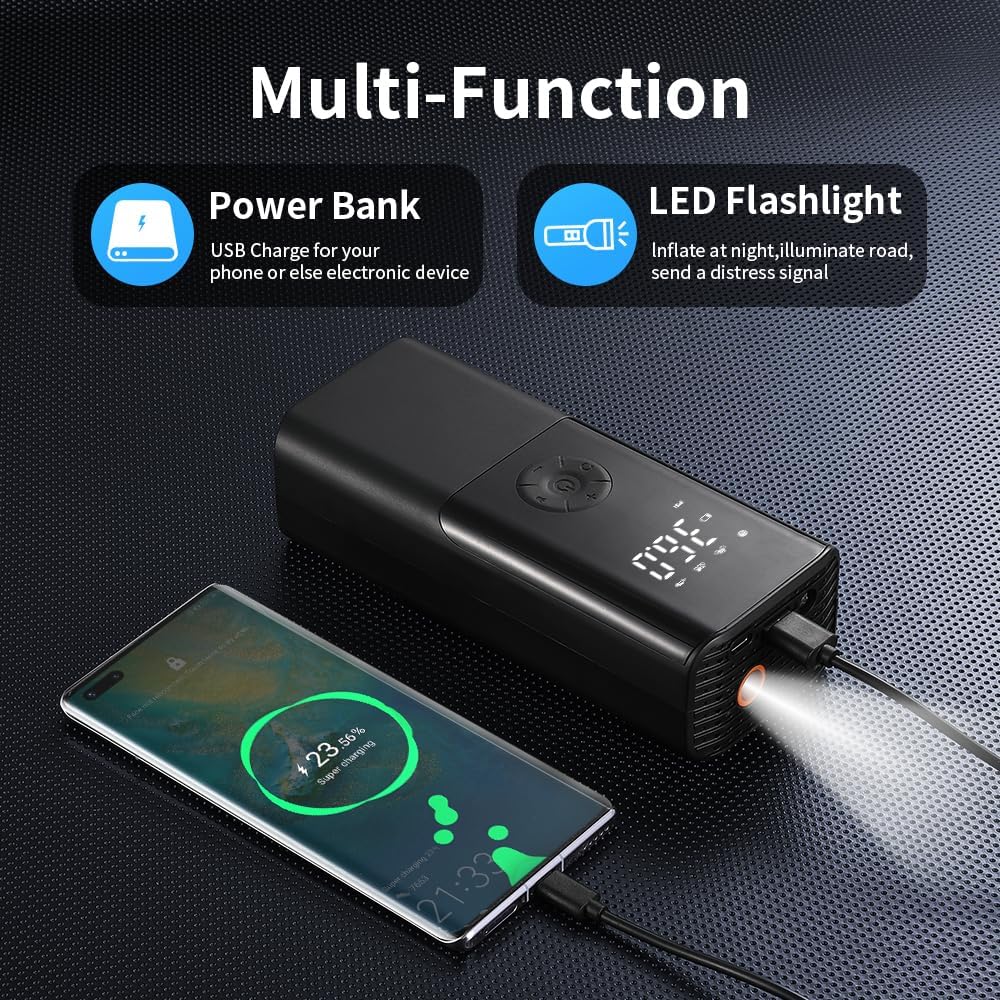 YOURKARTS.COM Tyre inflator Use as Corded & Cordless for Cars & Bikes|150 PSI|4500 MAH Battery|LED Flash Light|Mobile Charger C Port|Digital Display|Multiple Nozzles|Auto Cut|18 Months Warranty
