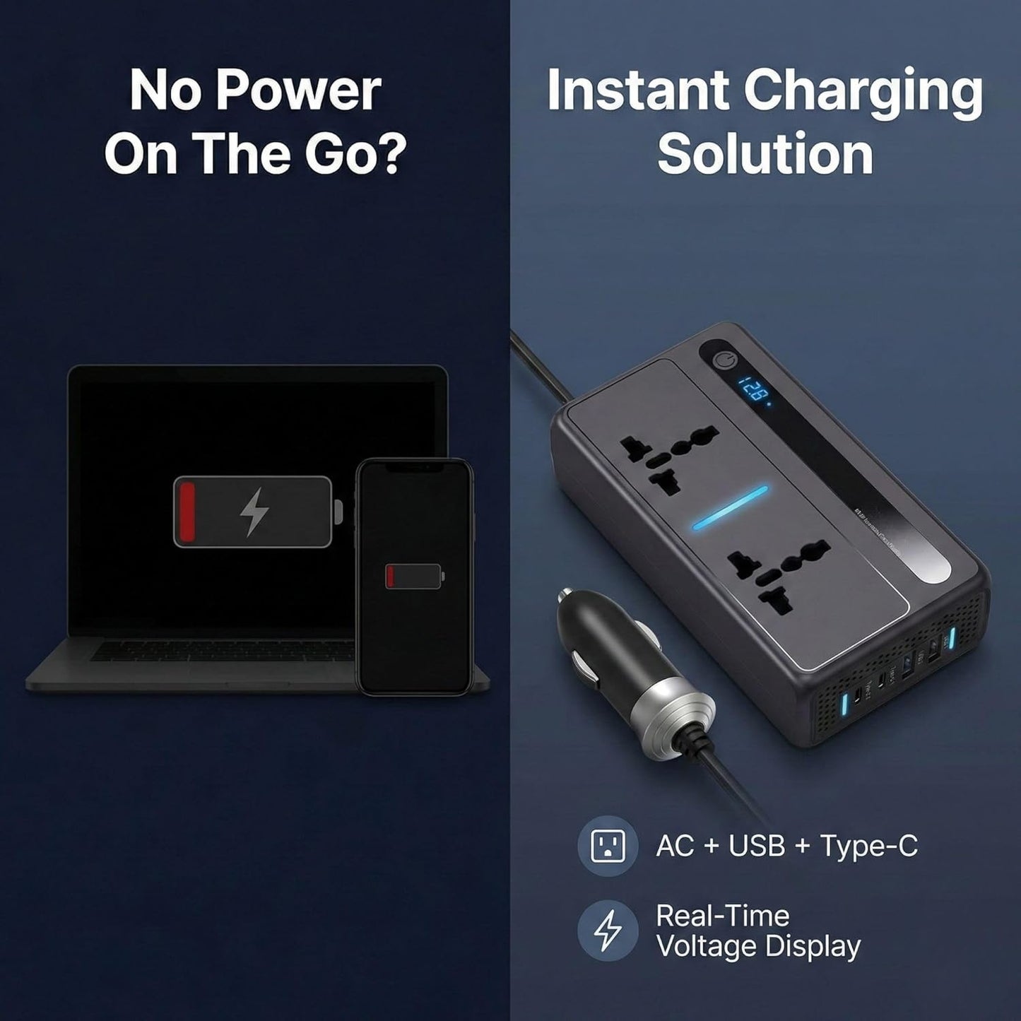 300W Car Power Inverter Laptop Charger with 3 USB & 1 C Type Fast USB Charging Ports