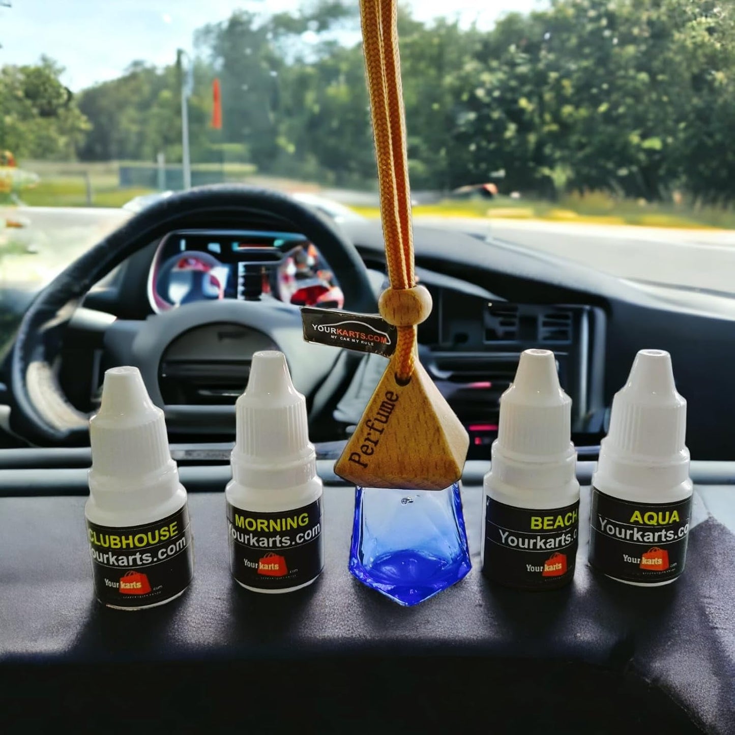 YOURKARTS.COM Car hanging bottle wooden lid freshner with essential oil with extra 4 different refill (Beach+morning+Aqua+club house+lavender)7.5ml each last upto 150 days