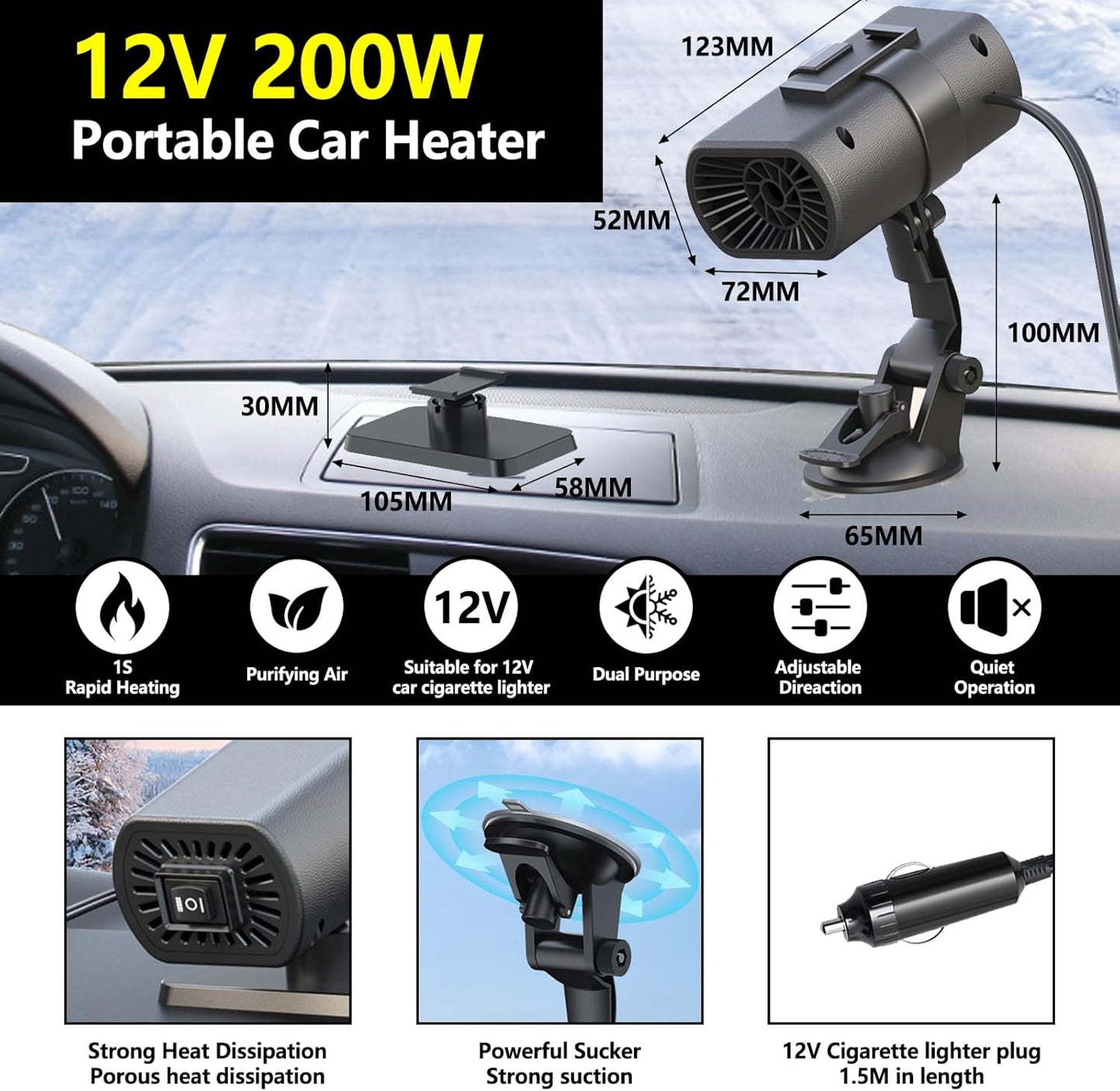 2-in-1 Portable Car Heater 12V 200W, Fast Heating Defogger & Defroster, Mini Heater