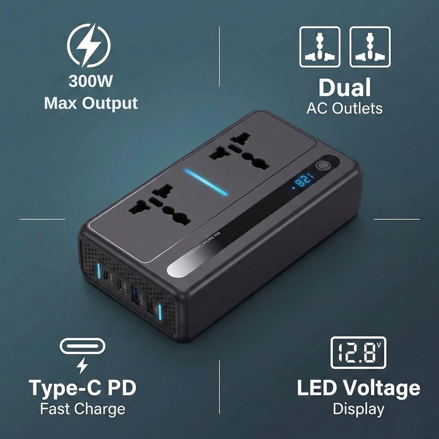 300W Car Power Inverter Laptop Charger with 3 USB & 1 C Type Fast USB Charging Ports
