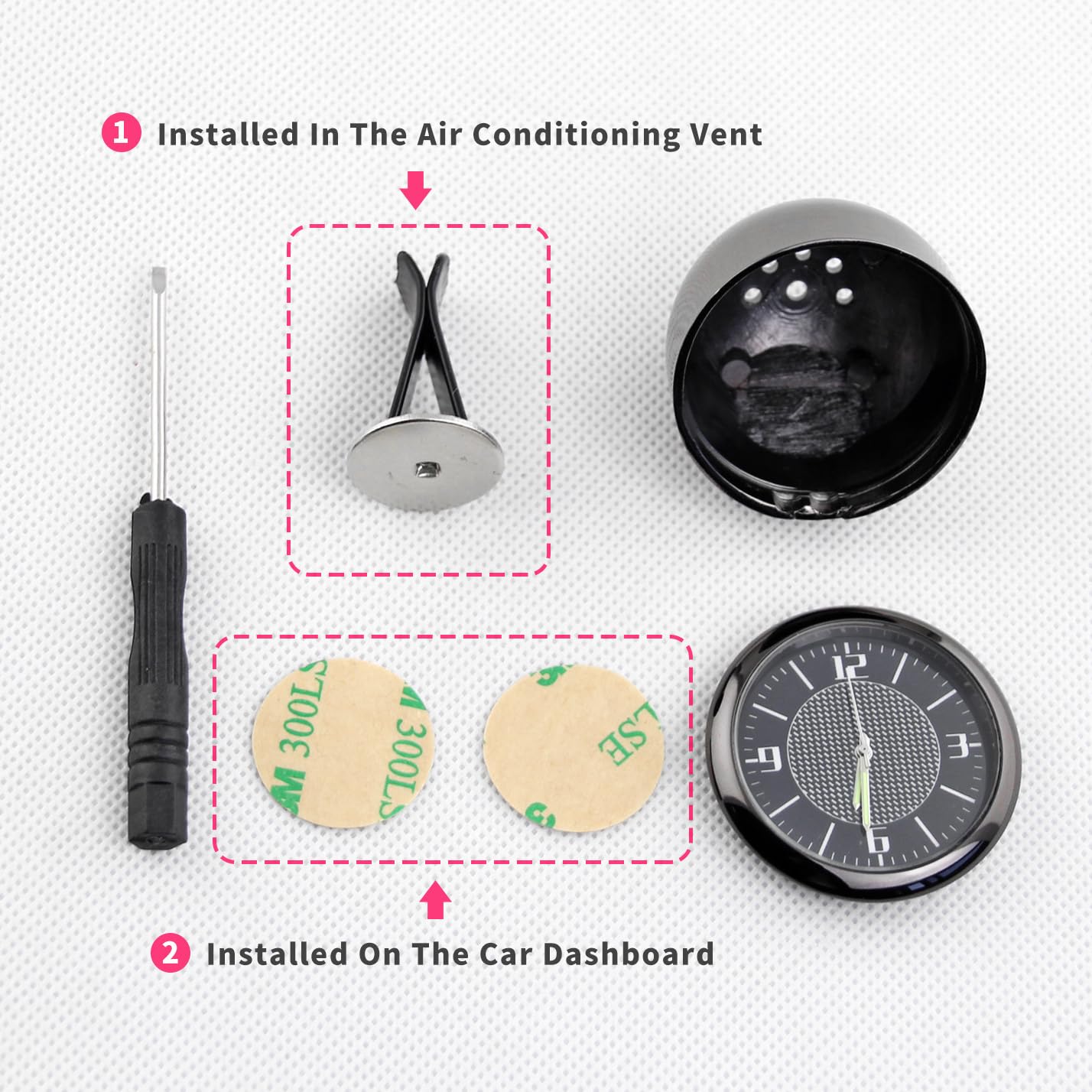 Stainless Steel Universal Car Dashboard Analog Clock, AC Vent Clip & 3M Tape Included