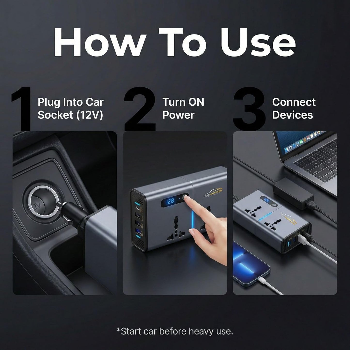 200W Car Power Inverter Laptop Charger with 3 USB & 1 C Type Fast USB Charging Ports