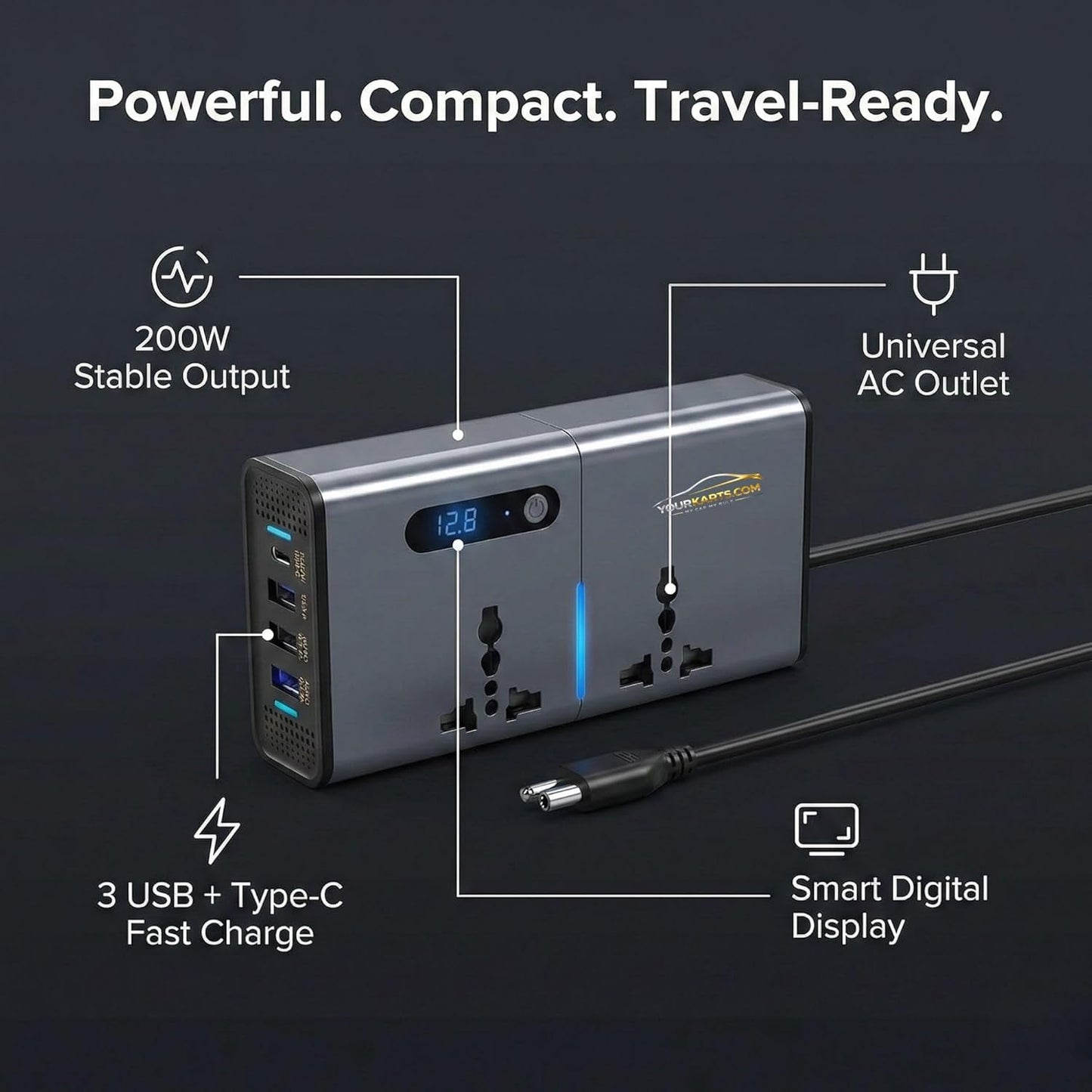200W Car Power Inverter Laptop Charger with 3 USB & 1 C Type Fast USB Charging Ports
