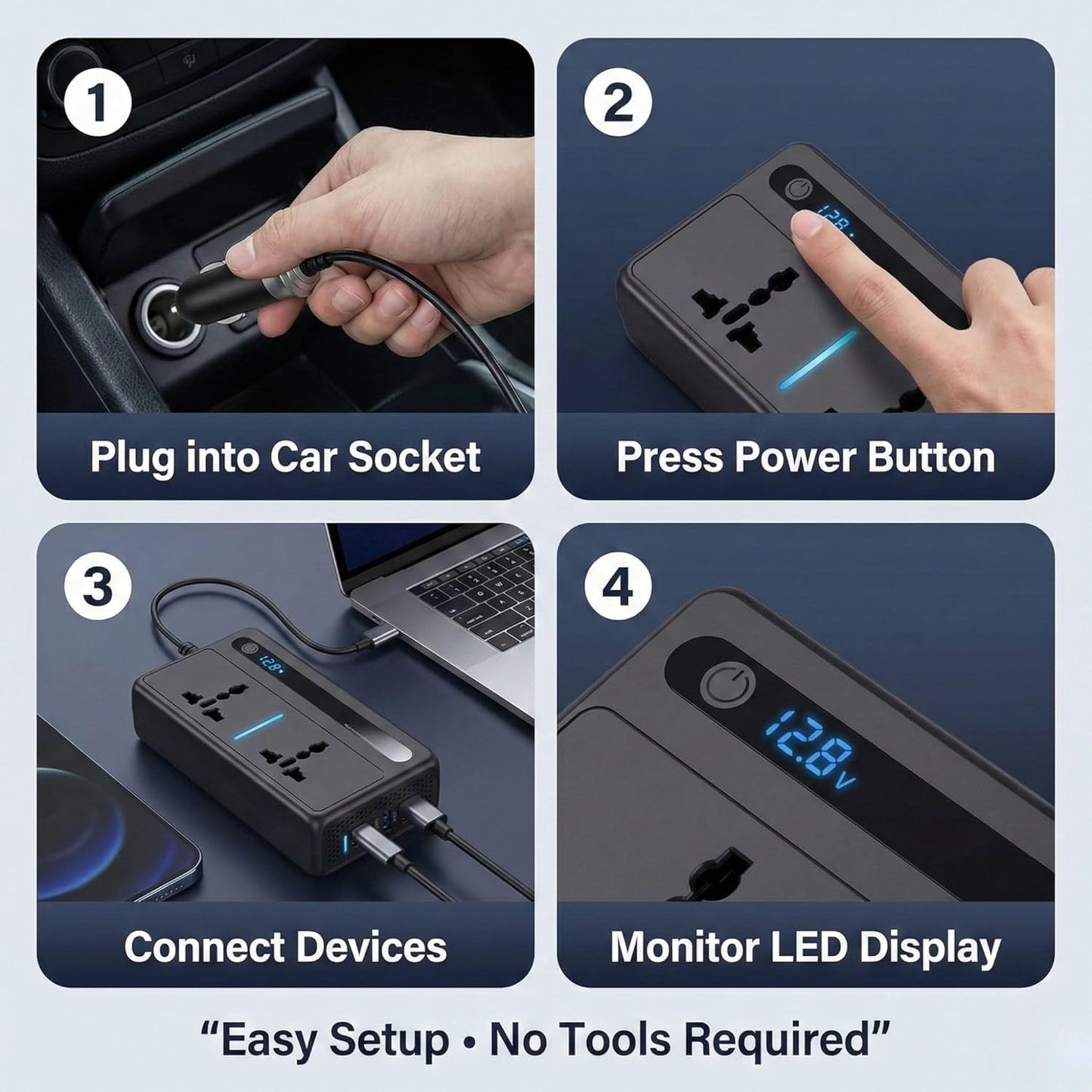 300W Car Power Inverter Laptop Charger with 3 USB & 1 C Type Fast USB Charging Ports