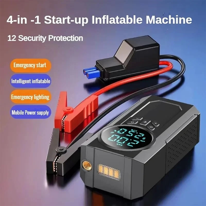 Portable Tyre Inflator with Jump Starter, Rechargeable Air Compressor Emergency Power Pump with LED Light