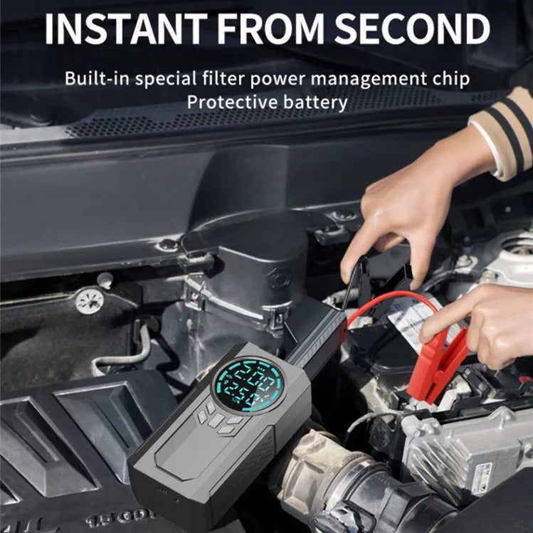 Portable Tyre Inflator with Jump Starter, Rechargeable Air Compressor Emergency Power Pump with LED Light