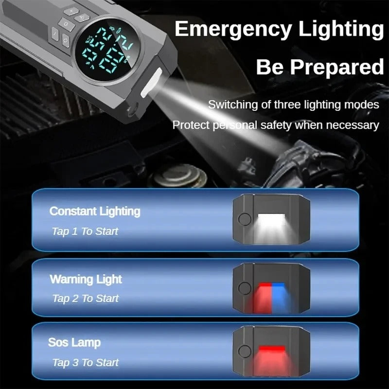Portable Tyre Inflator with Jump Starter, Rechargeable Air Compressor Emergency Power Pump with LED Light