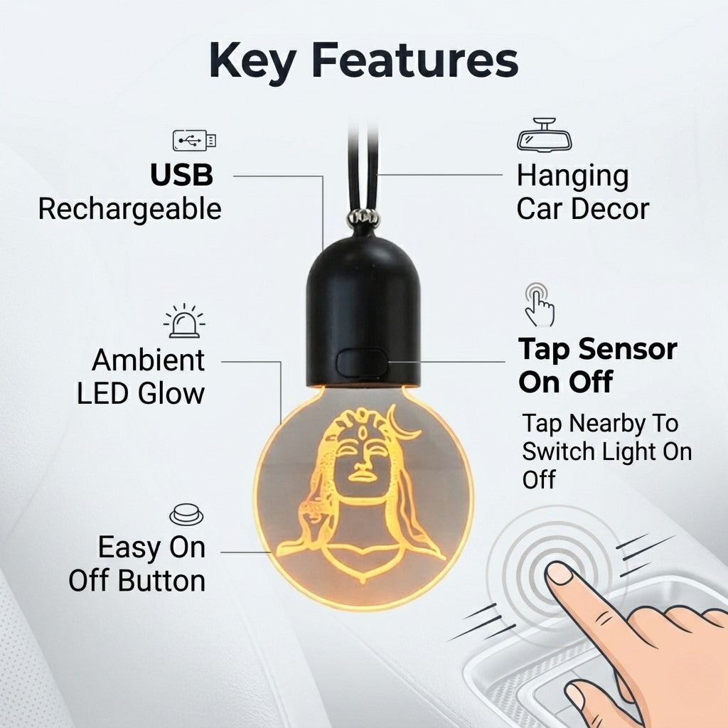 Adiyogi Shiva LED Car Hanging Light, USB Rechargeable, Car Mirror Decoration
